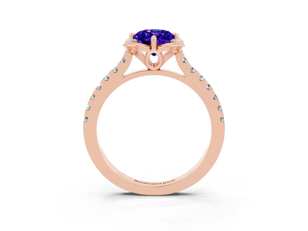 Rose gold Oval Cut Tanzanite Ring with Pavé Band and Floral Prong Setting
