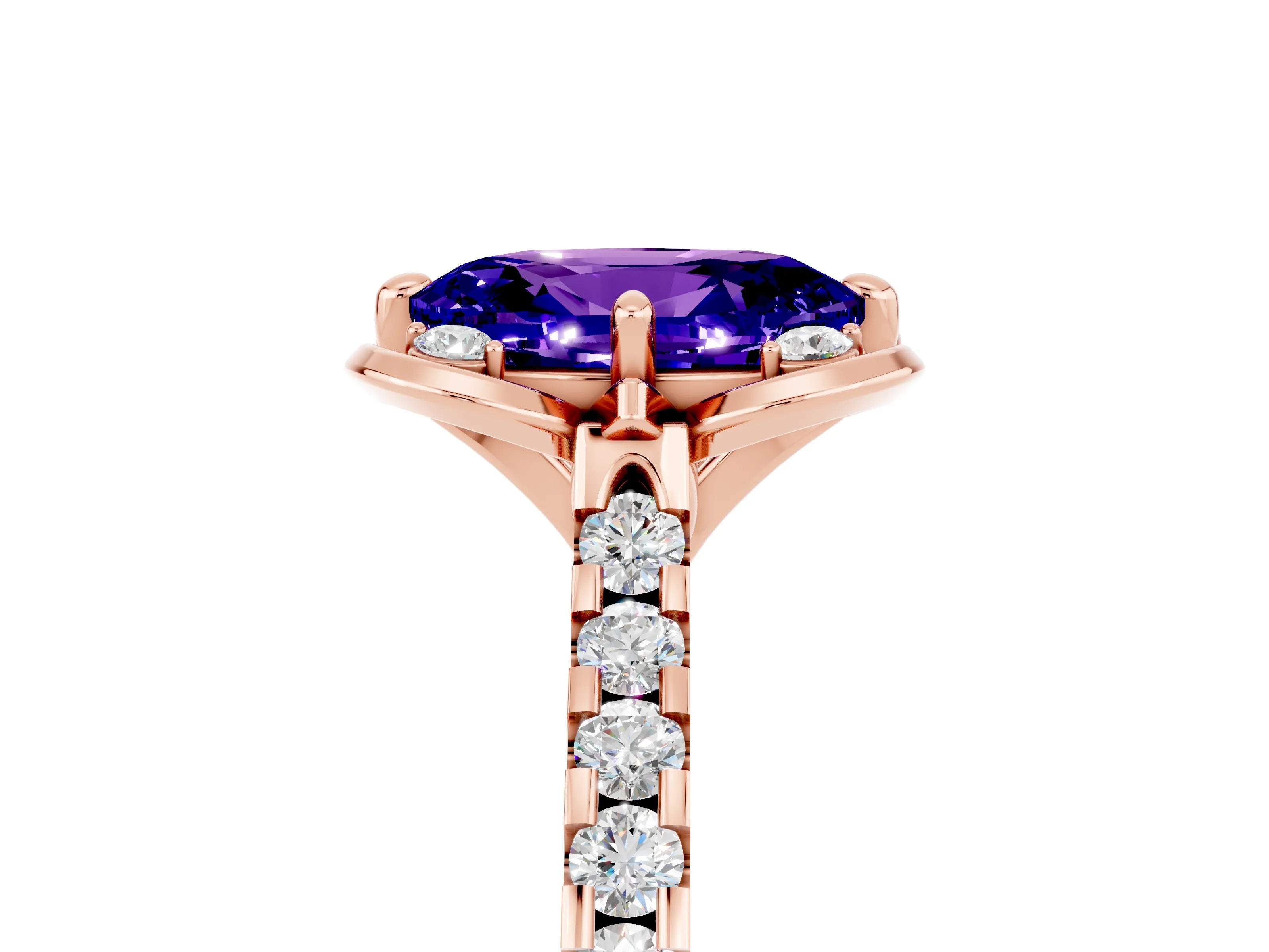 Rose gold Oval Cut Tanzanite Ring with Pavé Band and Floral Prong Setting_5