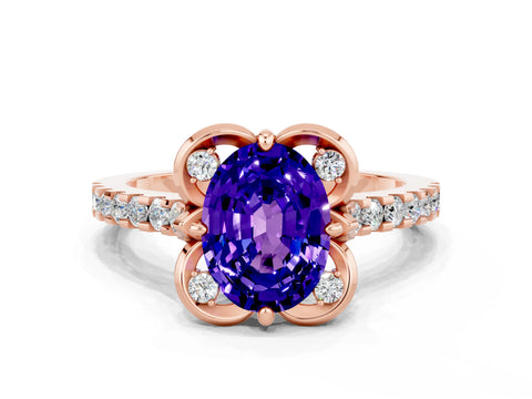 Rose gold Oval Cut Tanzanite Ring with Pavé Band and Floral Prong Setting