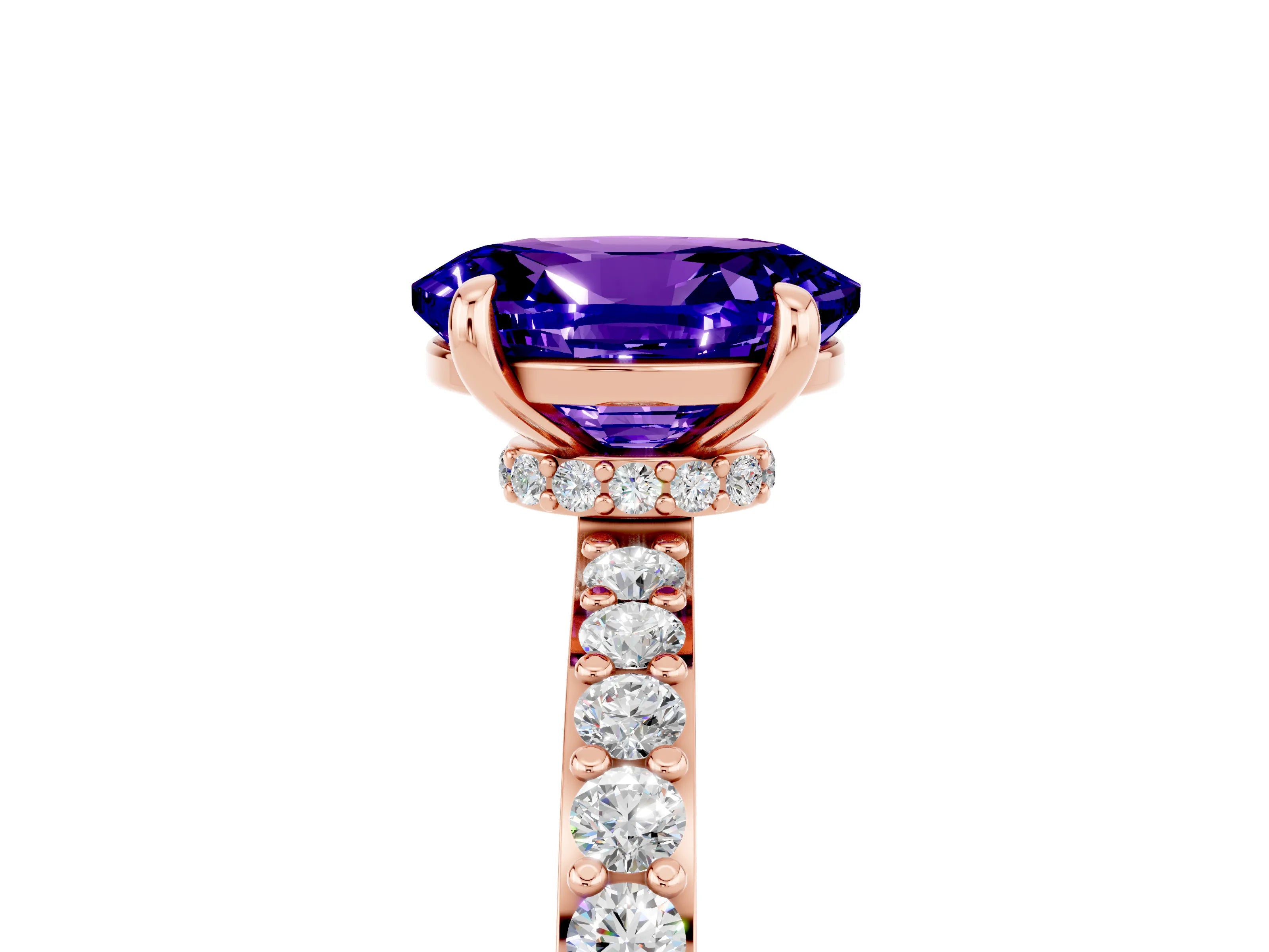 Rose gold Oval Cut Tanzanite Ring with Pavé Band and Four-Prong Setting_5