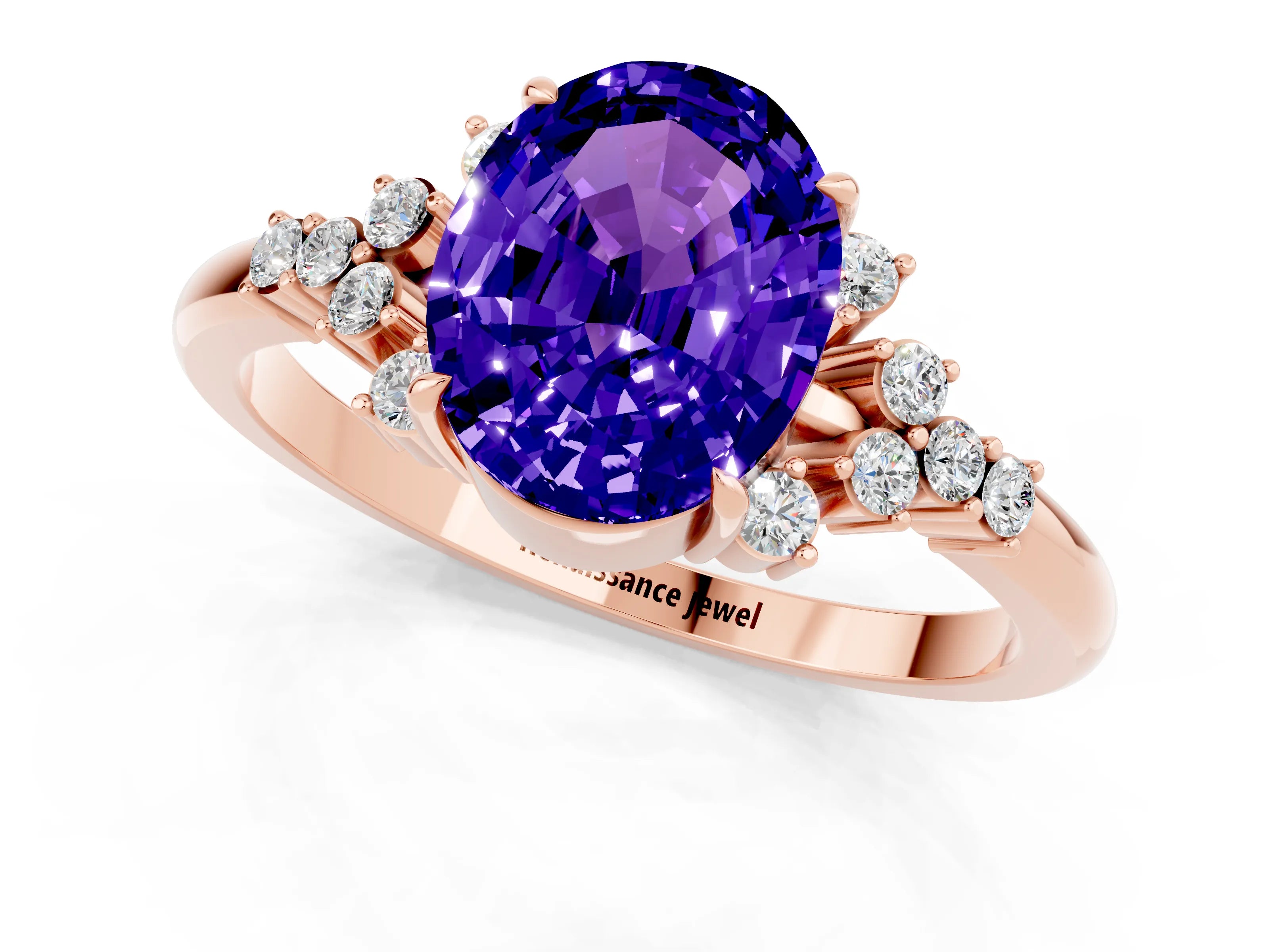 Rose gold Oval Cut Tanzanite Ring with Side Stones and Four-Prong Setting_73
