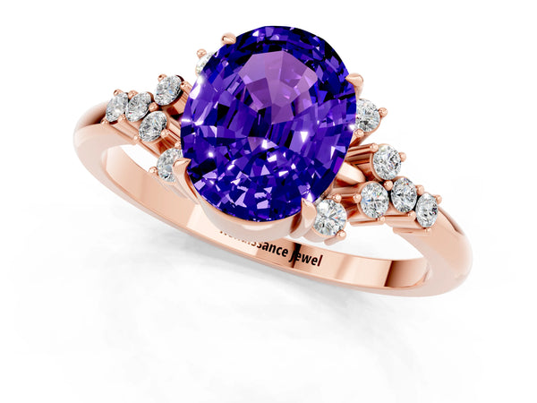 Rose gold Oval Cut Tanzanite Ring with Side Stones and Four-Prong Setting