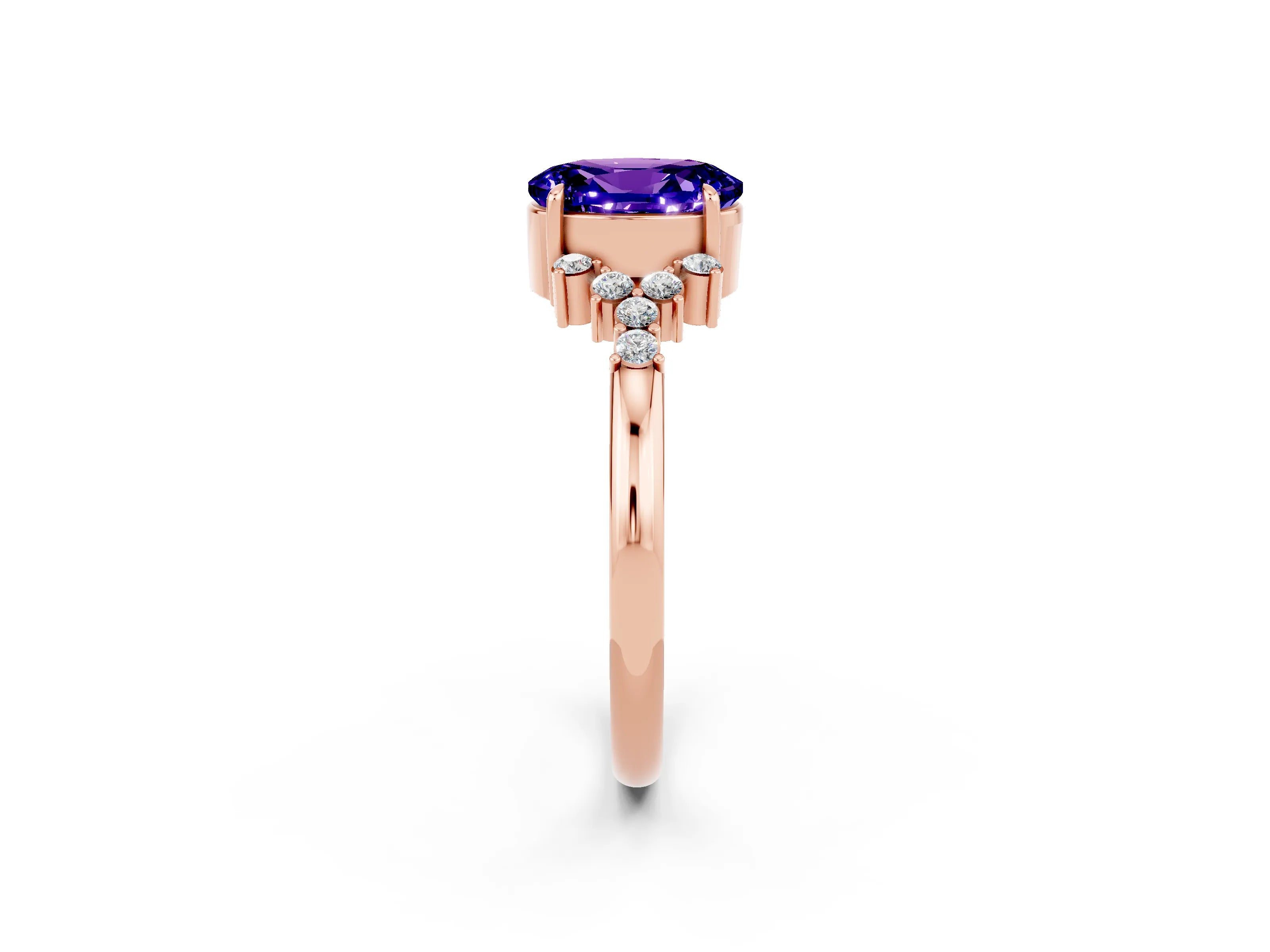 Rose gold Oval Cut Tanzanite Ring with Side Stones and Four-Prong Setting_74