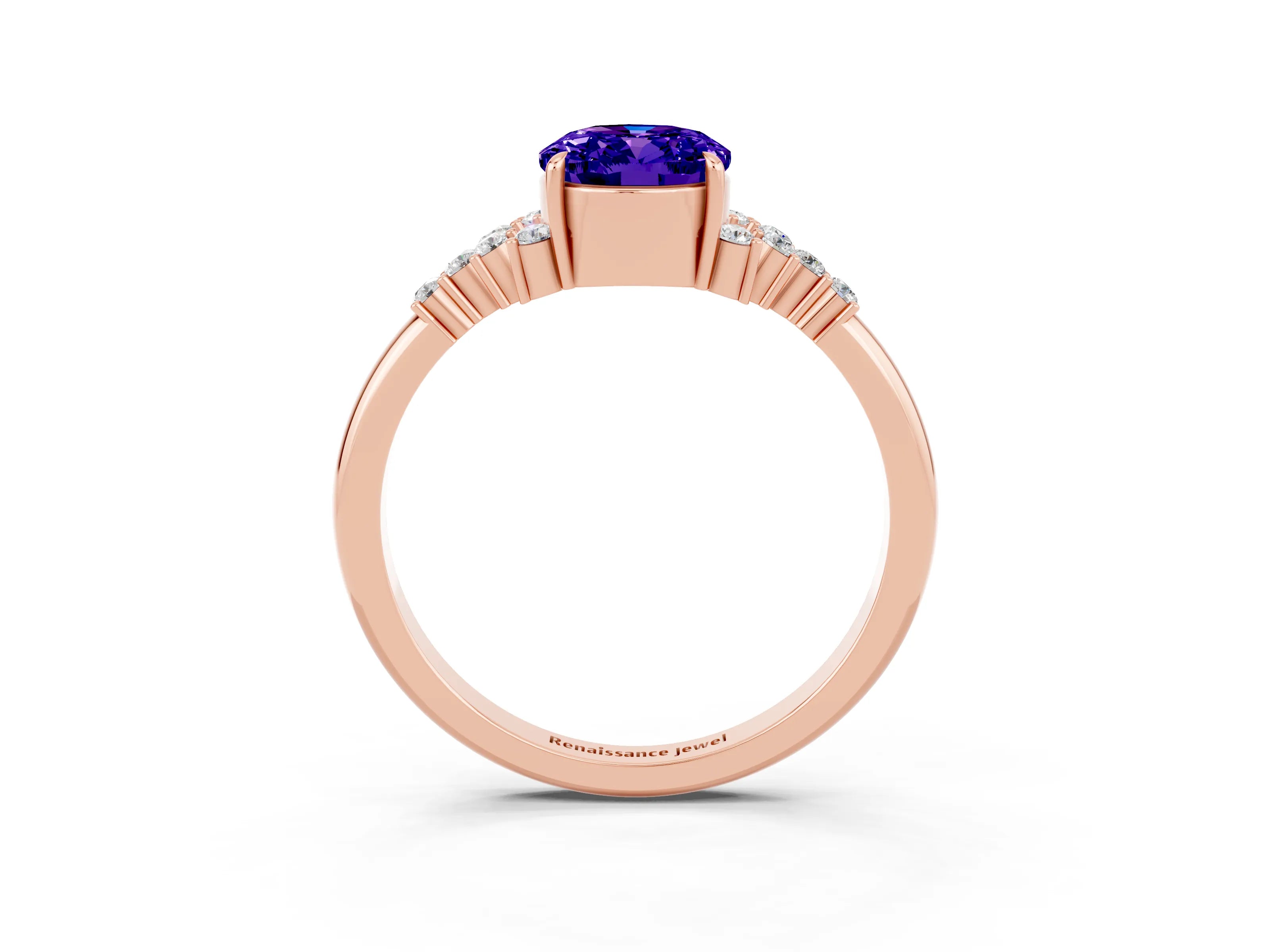 Rose gold Oval Cut Tanzanite Ring with Side Stones and Four-Prong Setting_75