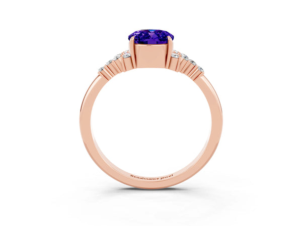 Rose gold Oval Cut Tanzanite Ring with Side Stones and Four-Prong Setting