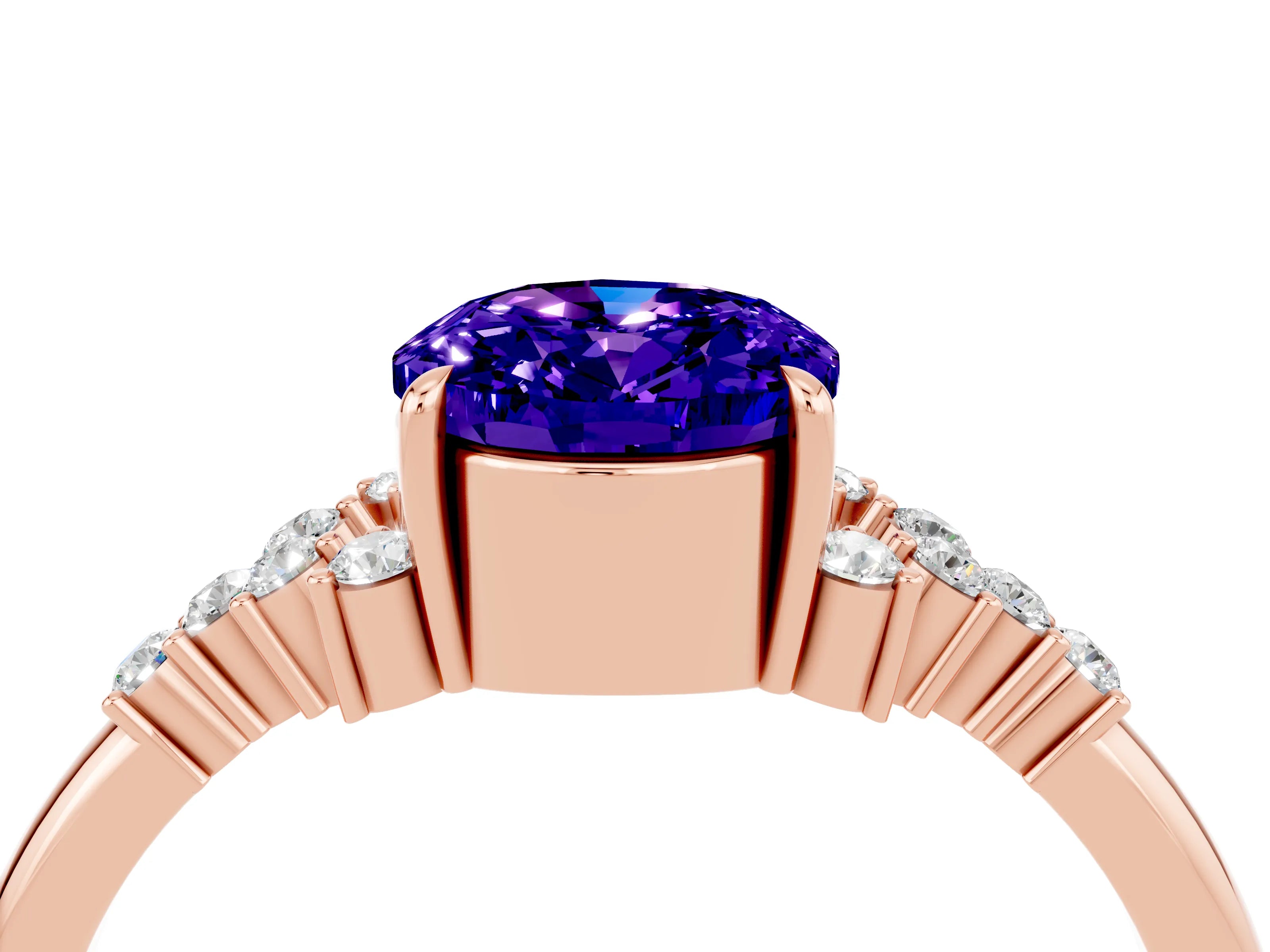 Rose gold Oval Cut Tanzanite Ring with Side Stones and Four-Prong Setting_76