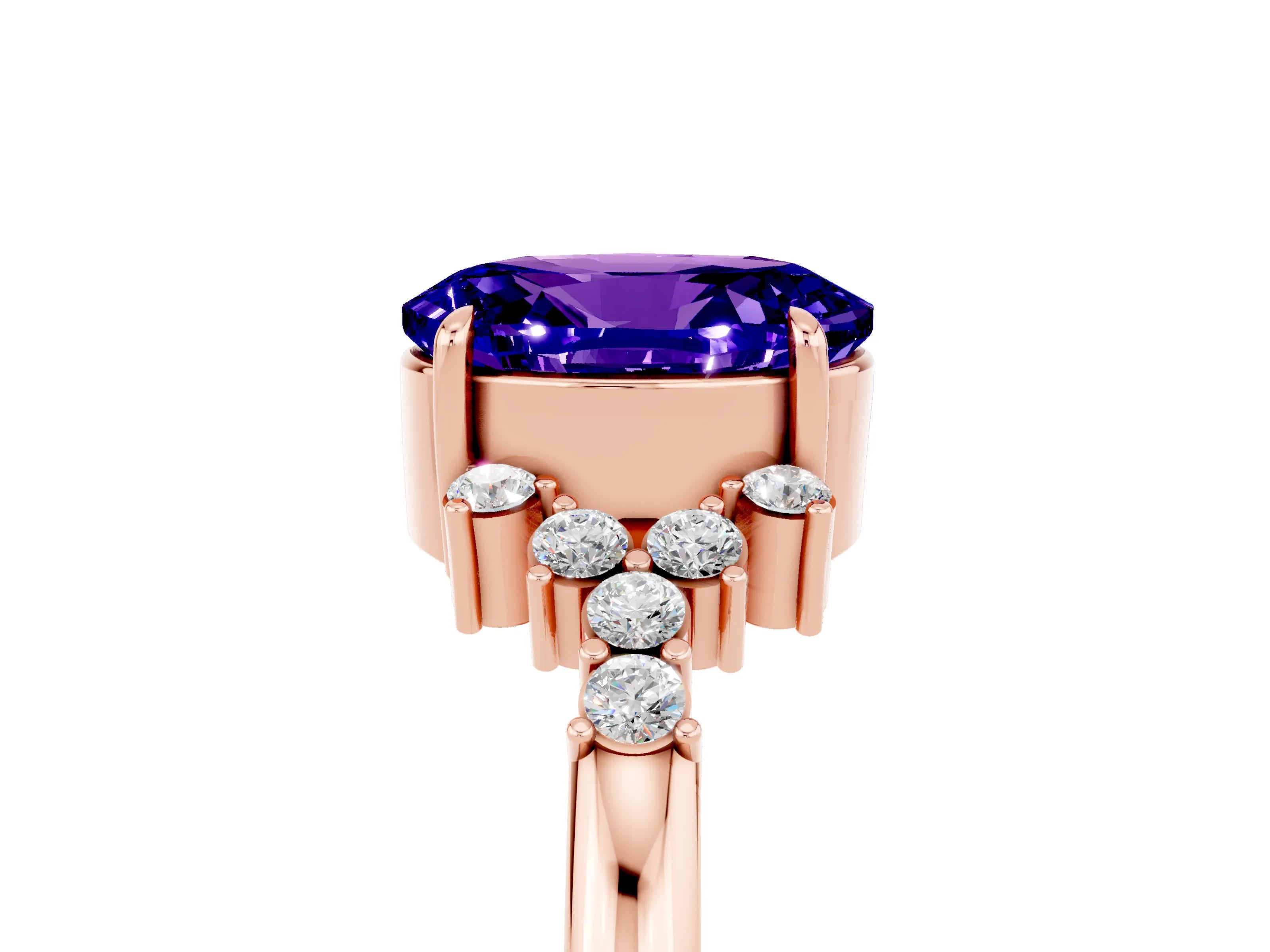 Rose gold Oval Cut Tanzanite Ring with Side Stones and Four-Prong Setting_77