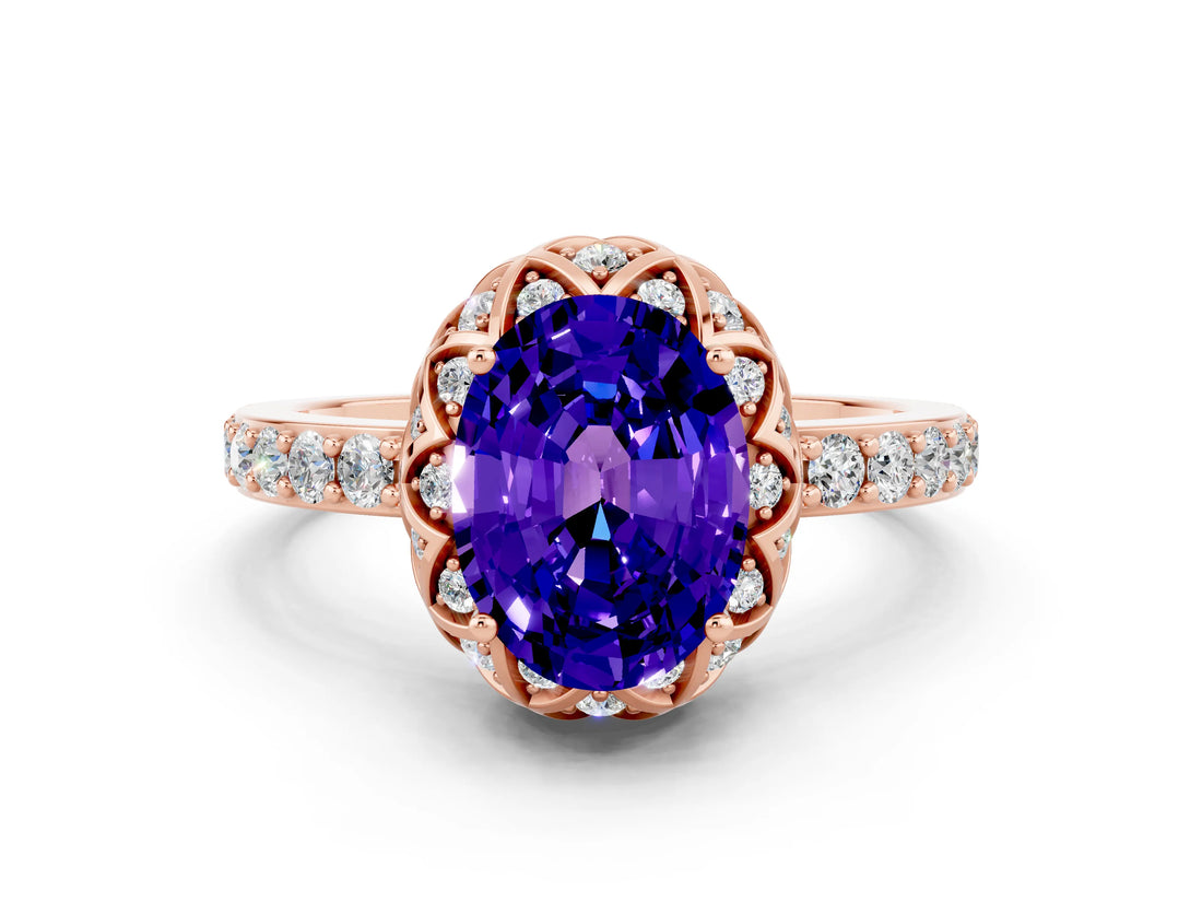 Rose gold Oval Cut Tanzanite Scalloped Halo Engagement Ring with Round Shared Prong Band_12
