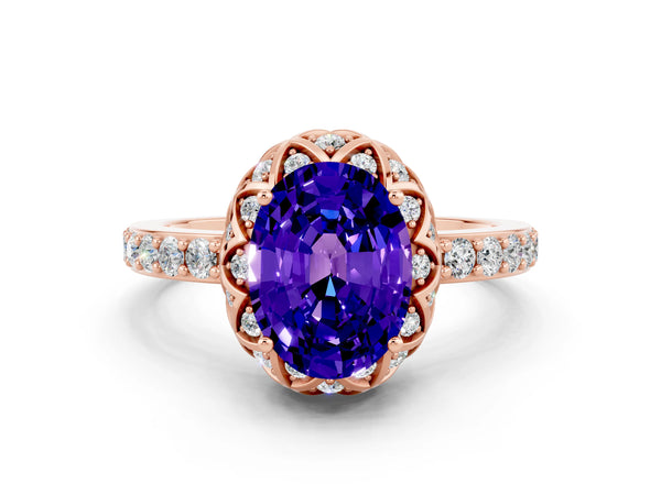 Rose gold Oval Cut Tanzanite Scalloped Halo Engagement Ring with Round Shared Prong Band