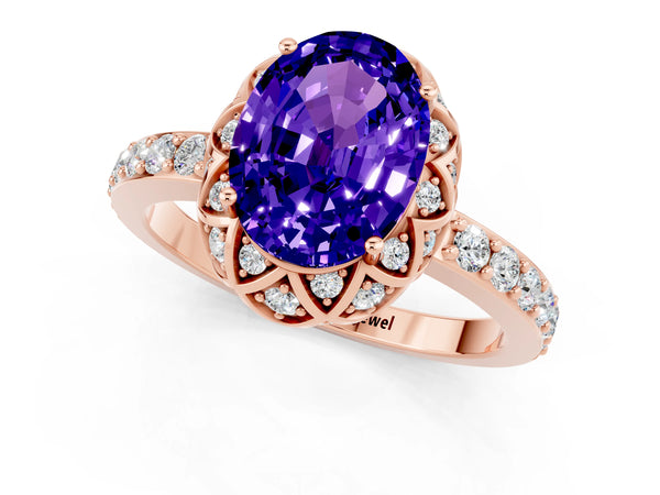 Rose gold Oval Cut Tanzanite Scalloped Halo Engagement Ring with Round Shared Prong Band