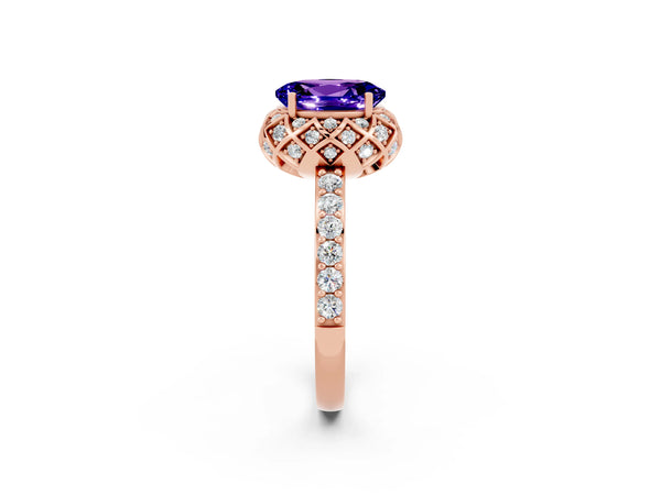 Rose gold Oval Cut Tanzanite Scalloped Halo Engagement Ring with Round Shared Prong Band