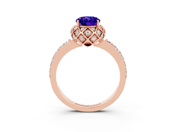 Rose gold Oval Cut Tanzanite Scalloped Halo Engagement Ring with Round Shared Prong Band
