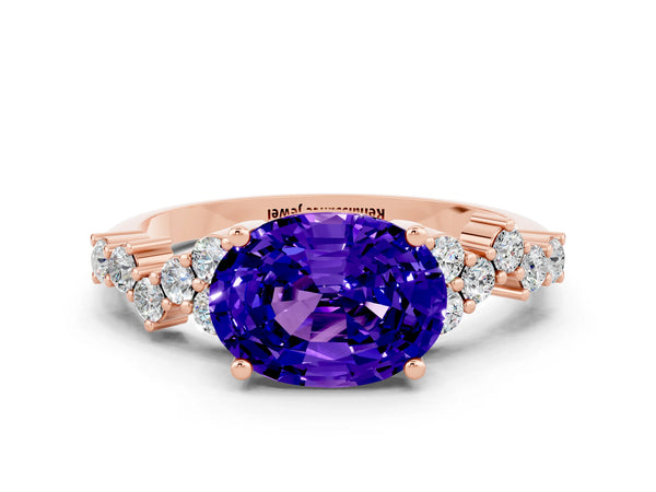 Rose gold Oval Cut Tanzanite Scattered Round Accent Ring with Prong Setting