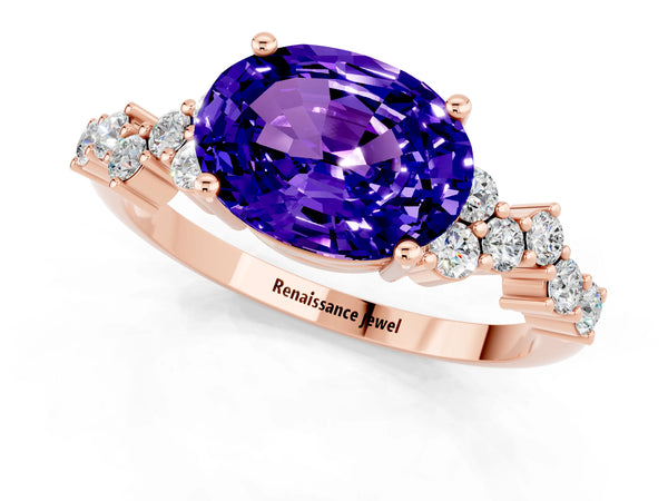Rose gold Oval Cut Tanzanite Scattered Round Accent Ring with Prong Setting