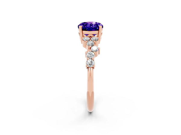 Rose gold Oval Cut Tanzanite Scattered Round Accent Ring with Prong Setting