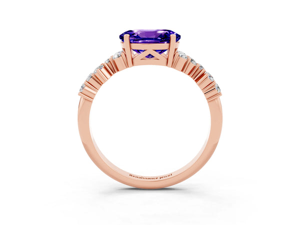 Rose gold Oval Cut Tanzanite Scattered Round Accent Ring with Prong Setting