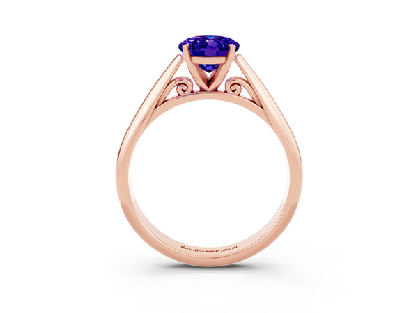 Rose gold Oval Cut Tanzanite Solitaire Engagement Ring with Cathedral Setting and Four-Prong Mount