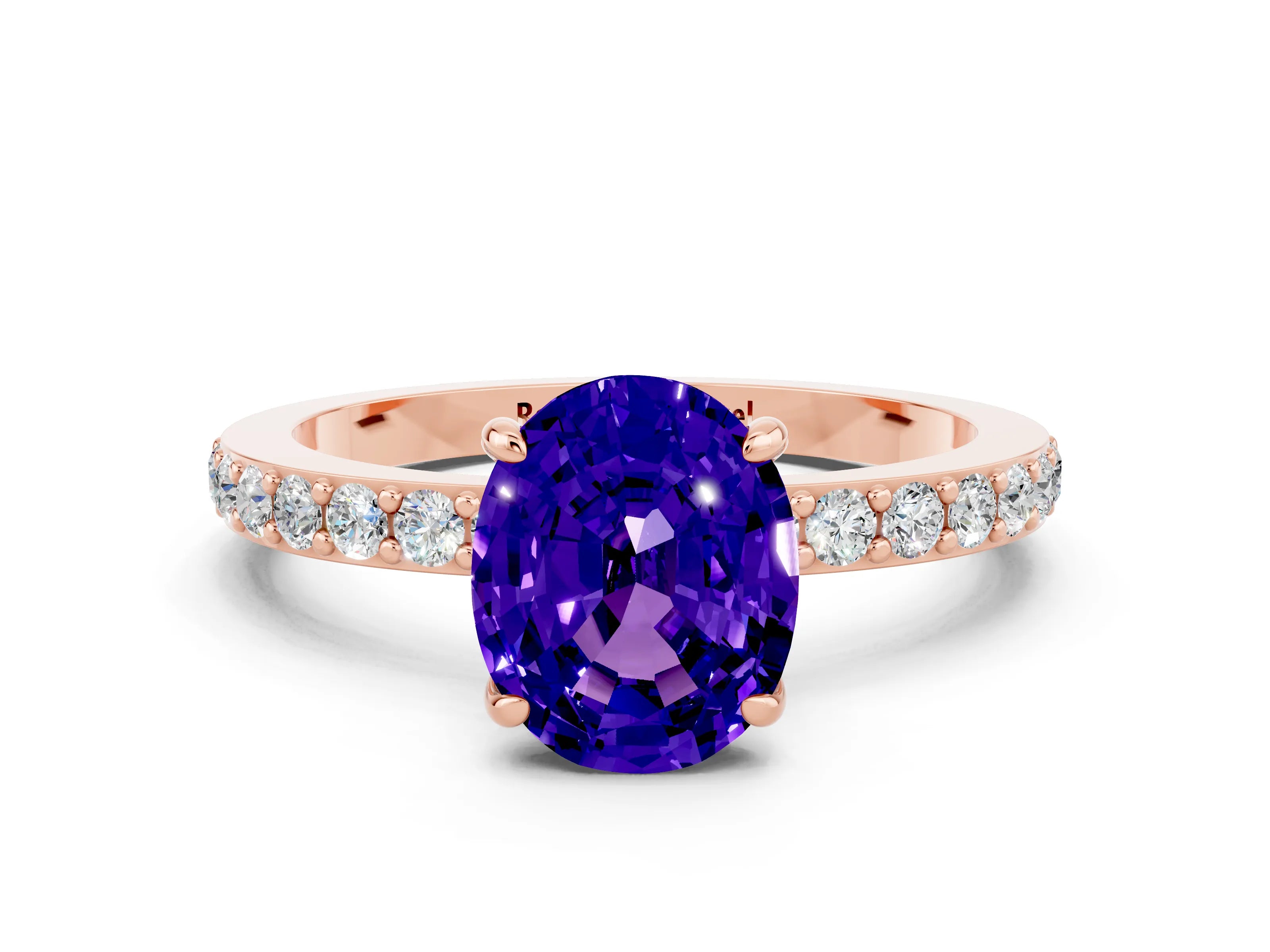 Rose gold Oval Cut Tanzanite Solitaire Engagement Ring with Pavé Band and Four-Prong Setting