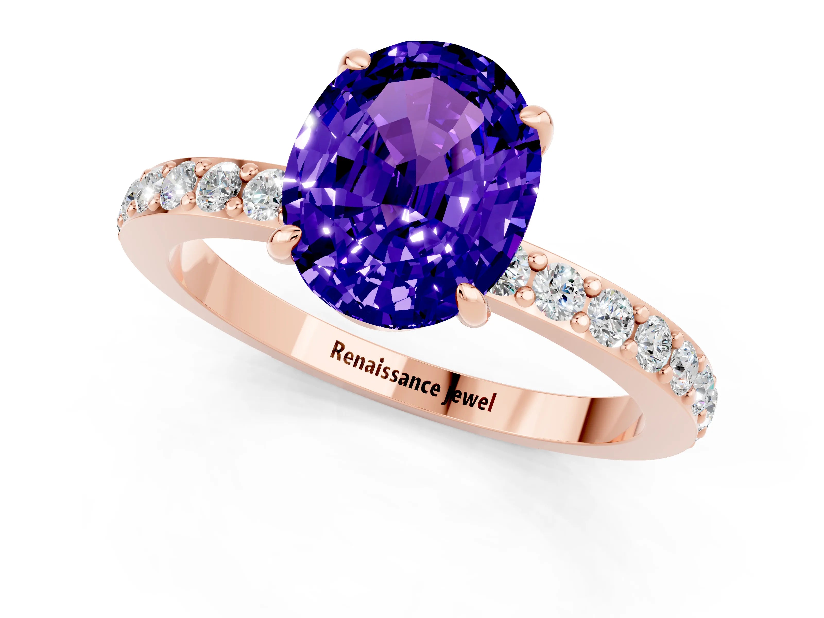 Rose gold Oval Cut Tanzanite Solitaire Engagement Ring with Pavé Band and Four-Prong Setting_1