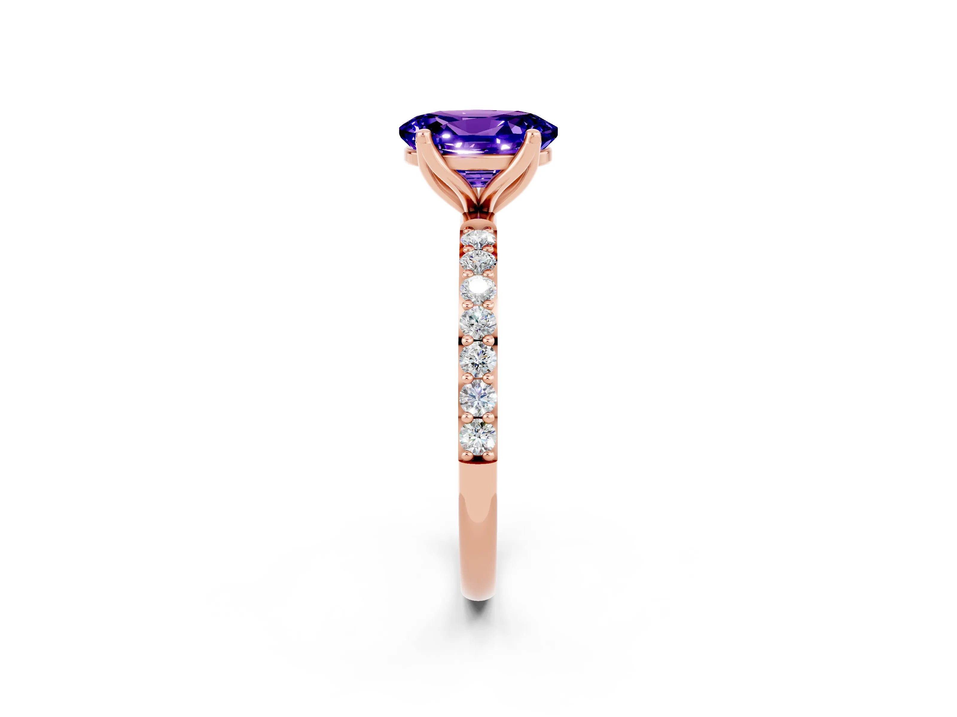 Rose gold Oval Cut Tanzanite Solitaire Engagement Ring with Pavé Band and Prong Setting_2