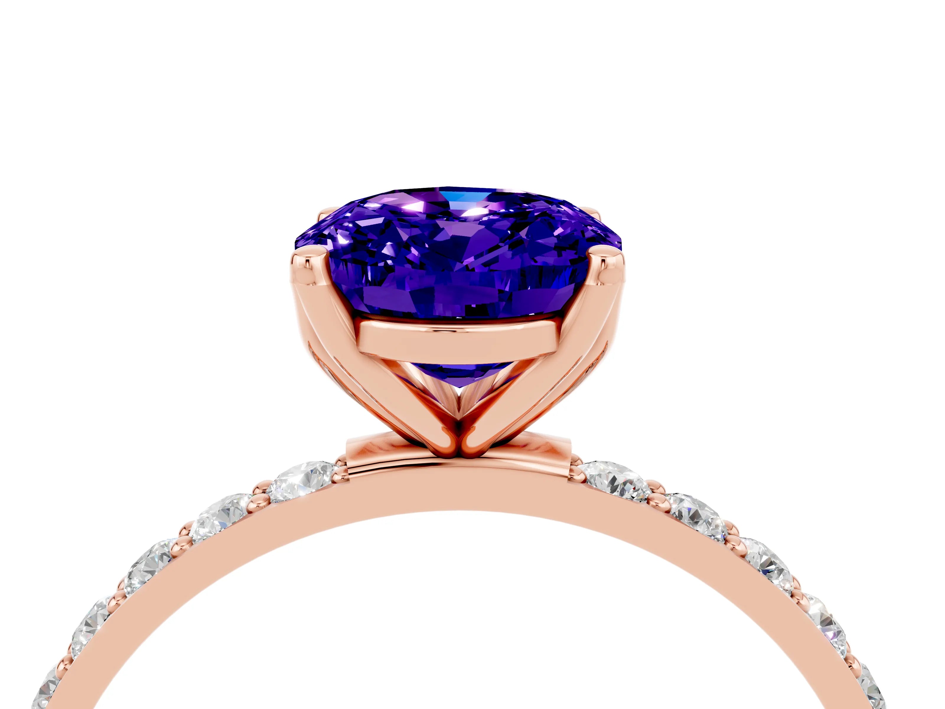 Rose gold Oval Cut Tanzanite Solitaire Engagement Ring with Pavé Band and Prong Setting_4