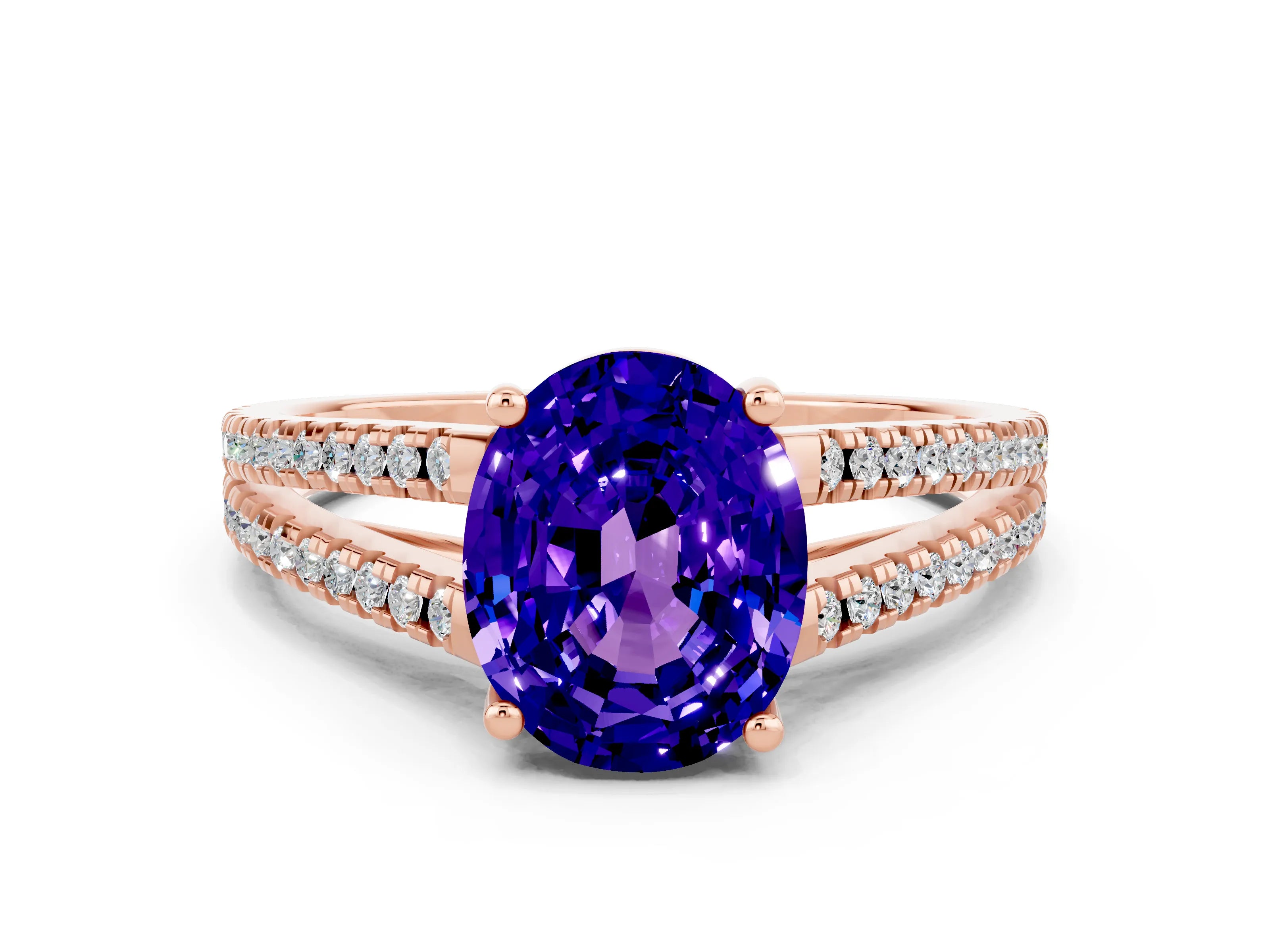 Rose gold Oval Cut Tanzanite Solitaire Engagement Ring with Split Shank Pavé Band