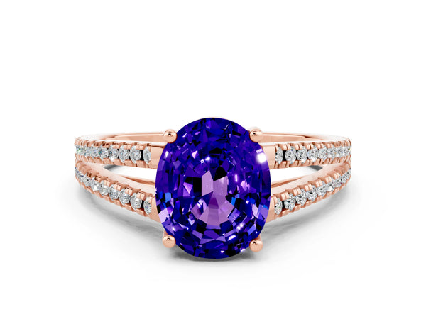 Rose gold Oval Cut Tanzanite Solitaire Engagement Ring with Split Shank Pavé Band