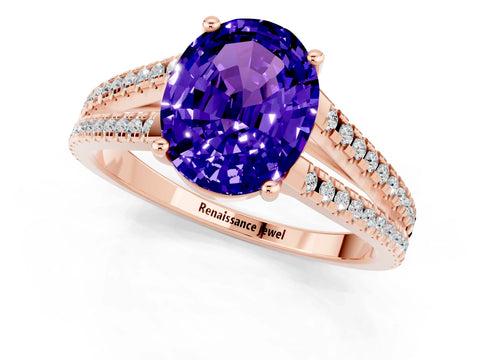 Rose gold Oval Cut Tanzanite Solitaire Engagement Ring with Split Shank Pavé Band_1