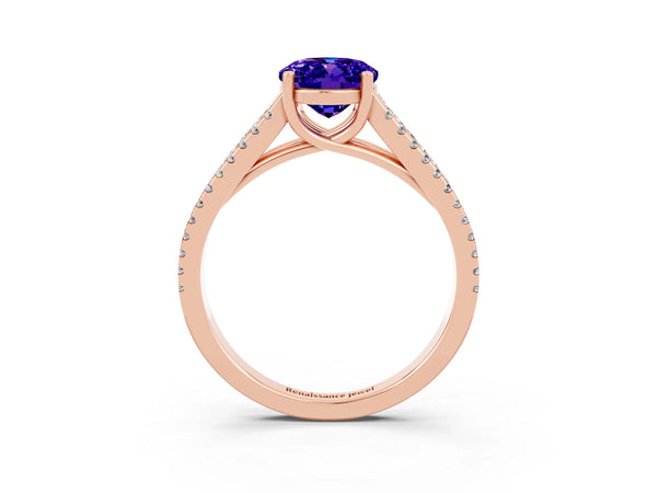 Rose gold Oval Cut Tanzanite Solitaire Engagement Ring with Split Shank Pavé Band