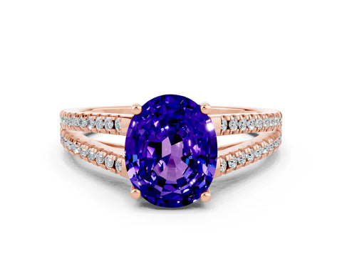 Rose gold Oval Cut Tanzanite Solitaire Engagement Ring with Split Shank Pavé Band