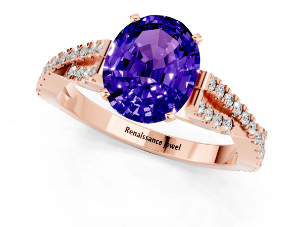 Rose gold Oval Cut Tanzanite Solitaire Engagement Ring with Twisted Pavé Band and Four-Prong Setting