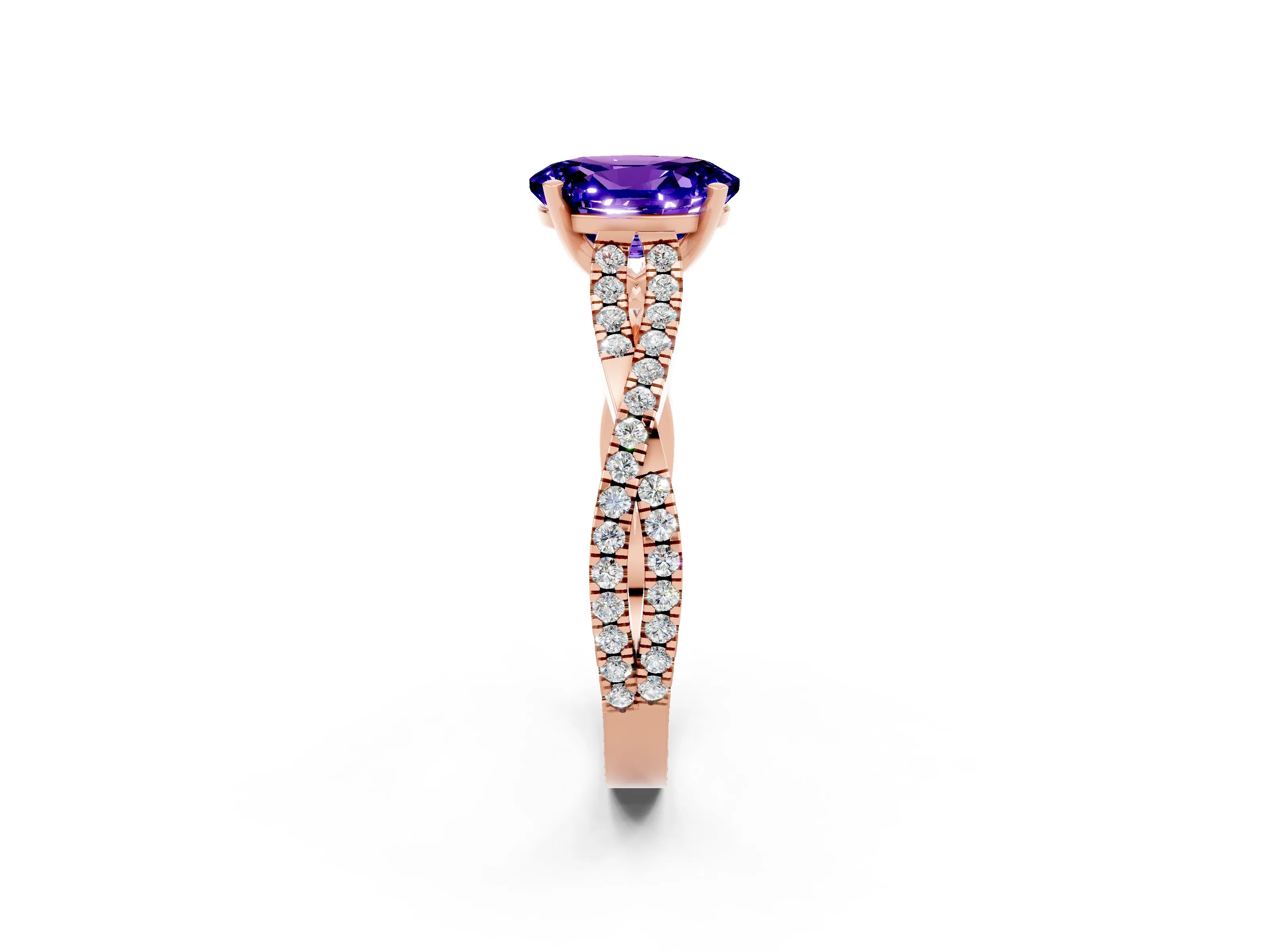 Rose gold Oval Cut Tanzanite Solitaire Engagement Ring with Twisted Pavé Band and Four-Prong Setting_2