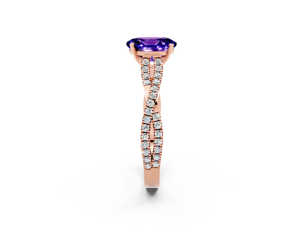 Rose gold Oval Cut Tanzanite Solitaire Engagement Ring with Twisted Pavé Band and Four-Prong Setting