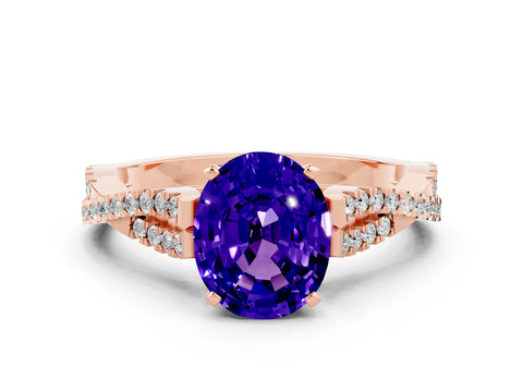 Rose gold Oval Cut Tanzanite Solitaire Engagement Ring with Twisted Pavé Band and Four-Prong Setting