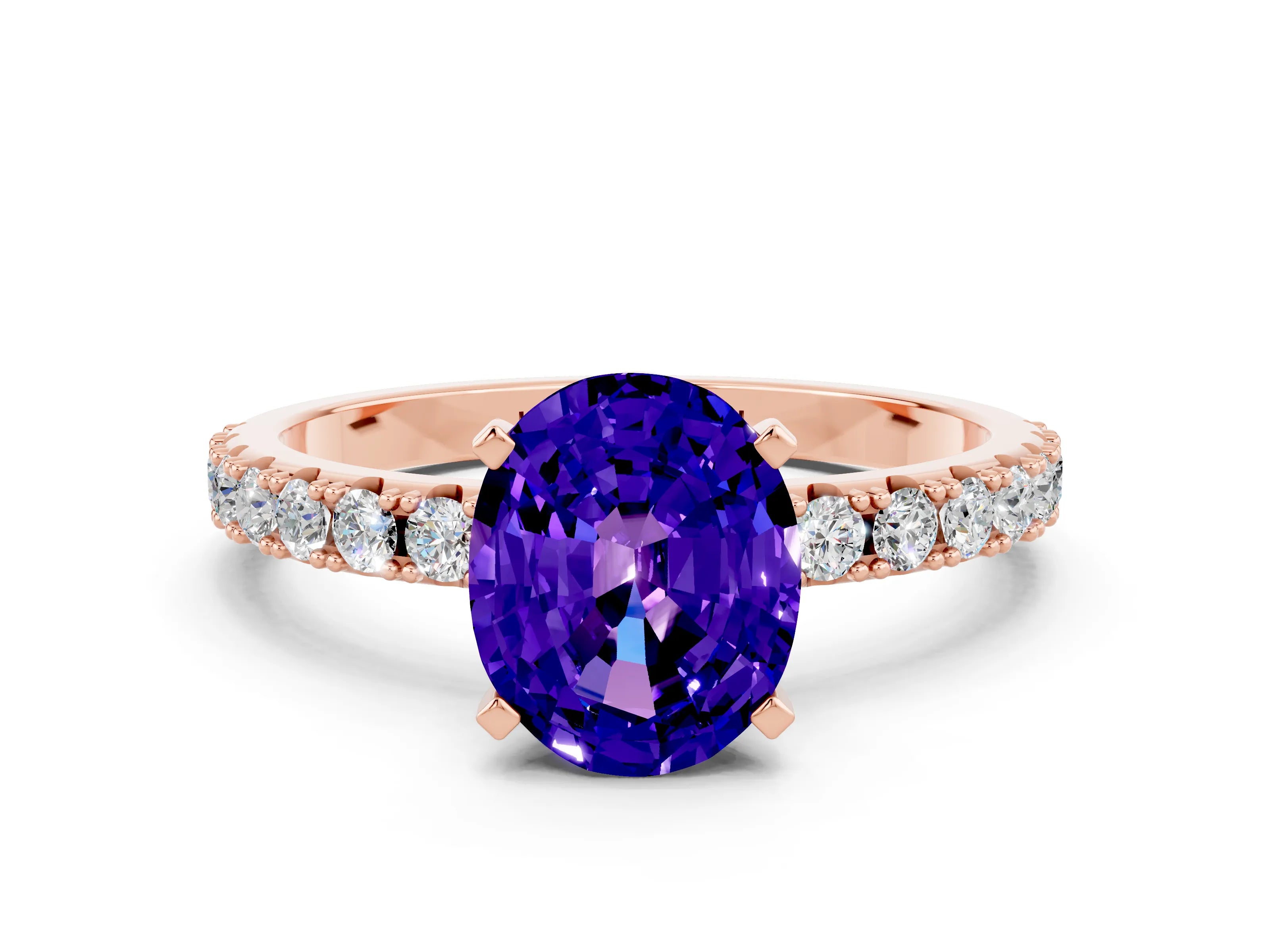 Rose gold Oval Cut Tanzanite Solitaire Pavé Band with Four-Prong Setting