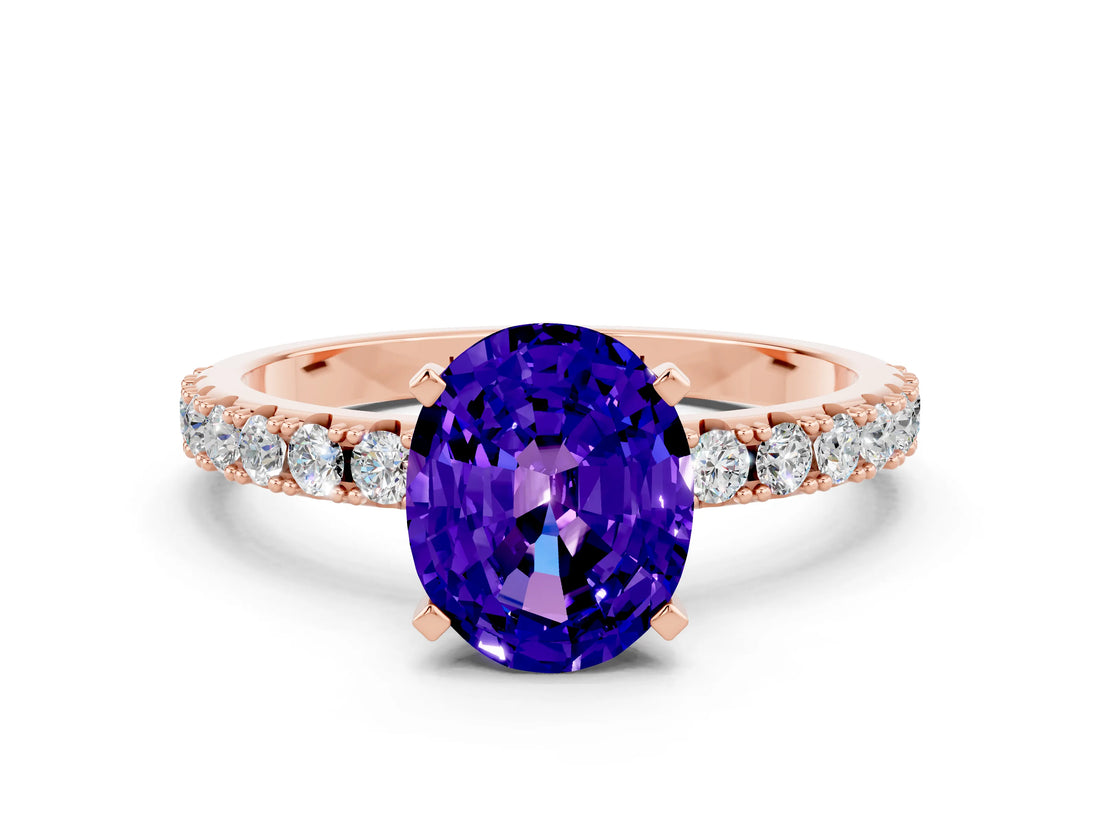 Rose gold Oval Cut Tanzanite Solitaire Pavé Band with Four-Prong Setting