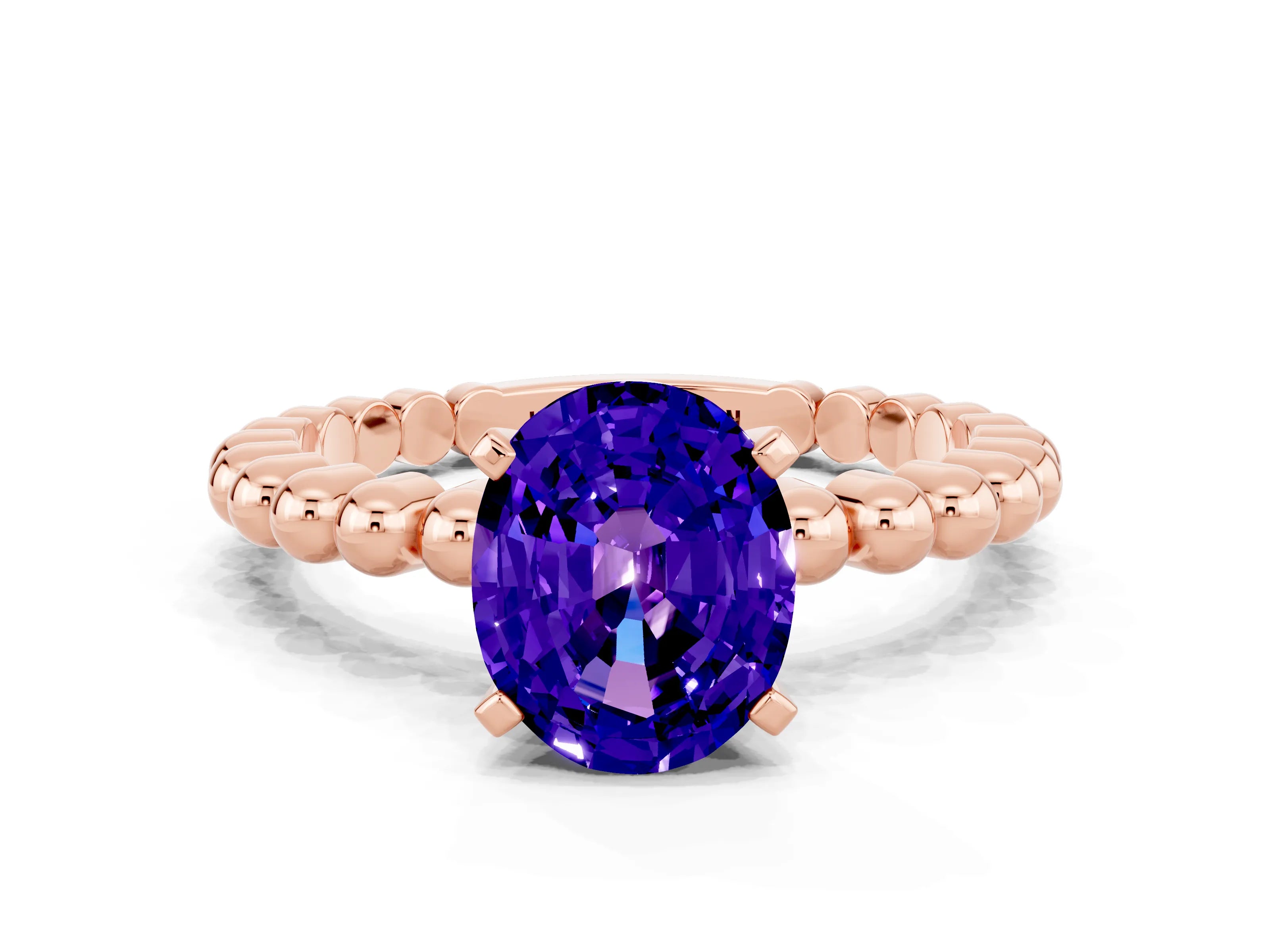 Rose gold Oval Cut Tanzanite Solitaire Ring with Beaded Band and Prong Setting