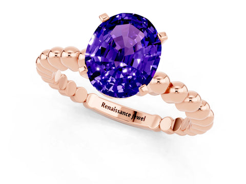 Rose gold Oval Cut Tanzanite Solitaire Ring with Beaded Band and Prong Setting_1