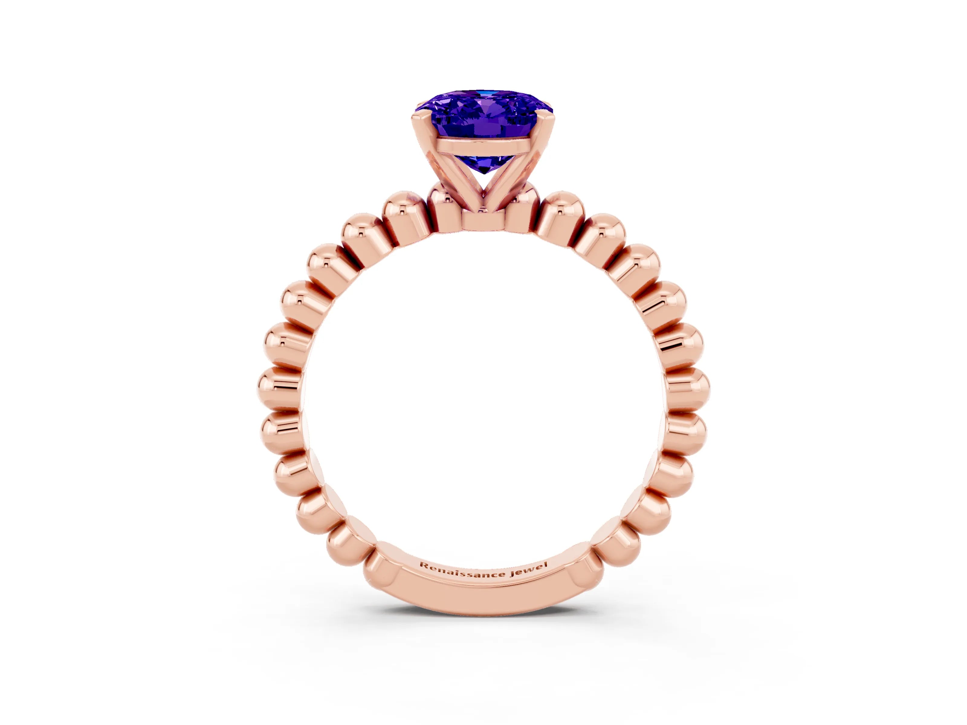 Rose gold Oval Cut Tanzanite Solitaire Ring with Beaded Band and Prong Setting_3