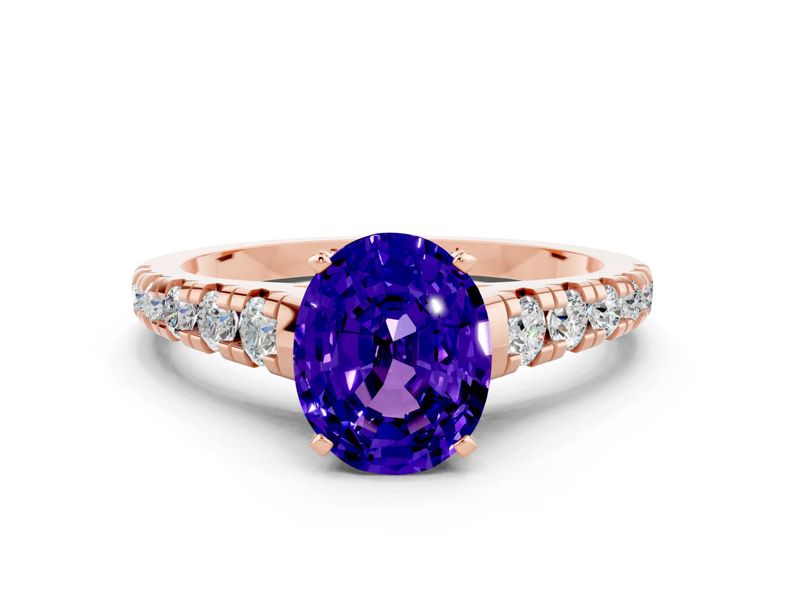 Rose gold Oval Cut Tanzanite Solitaire Ring with Cathedral Setting and Pavé Band