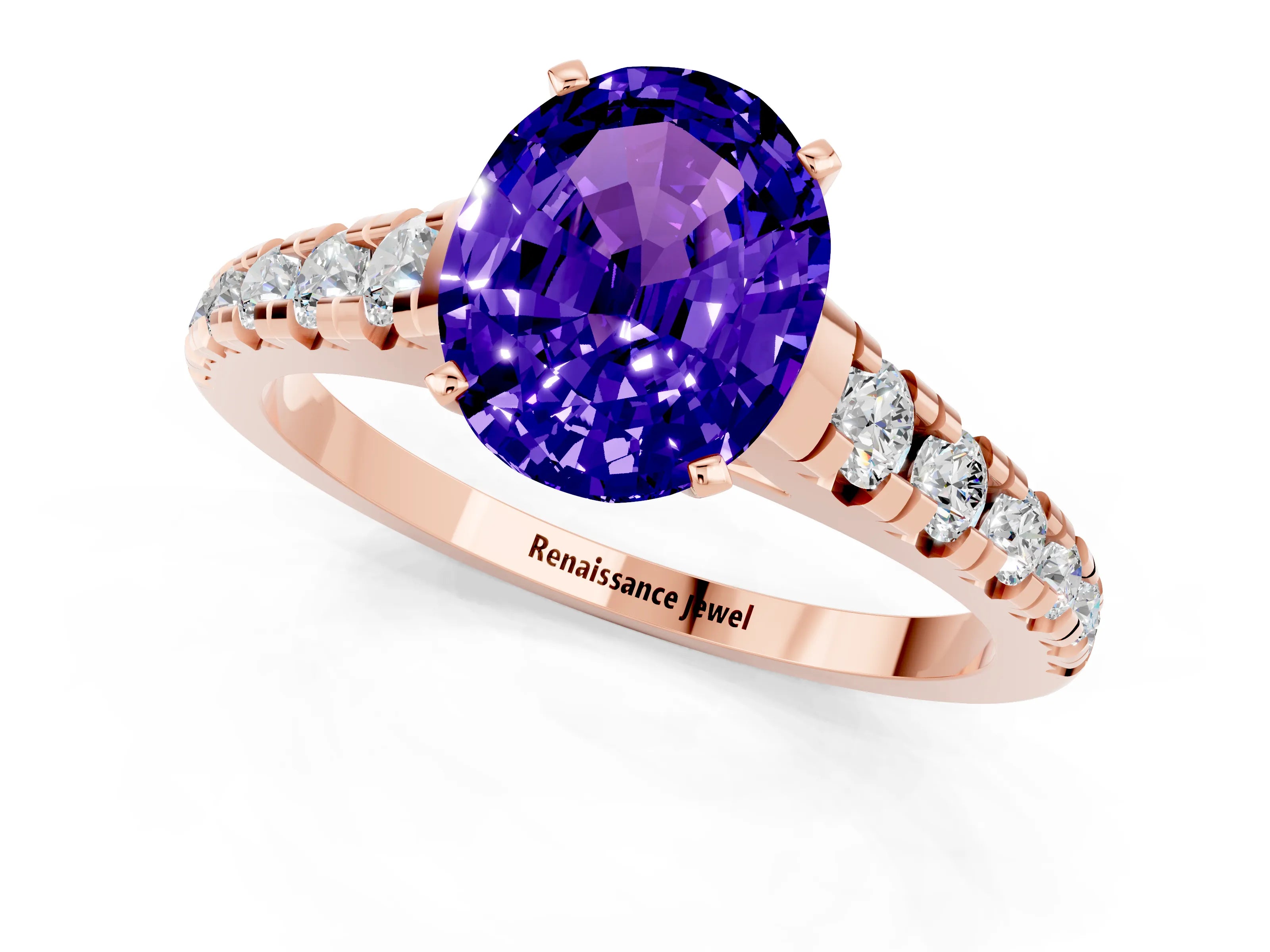 Rose gold Oval Cut Tanzanite Solitaire Ring with Cathedral Setting and Pavé Band_1
