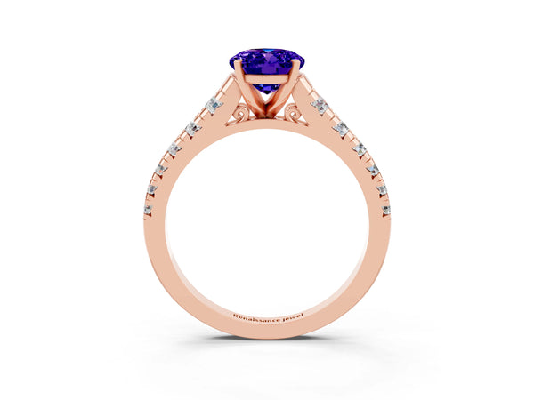 Rose gold Oval Cut Tanzanite Cathedral Solitaire Ring with Round  Pavé Band