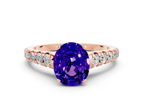 Rose gold Oval Cut Tanzanite Solitaire Ring with Cathedral Setting and Pavé Band