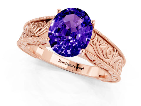 Rose gold Oval Cut Tanzanite Solitaire Ring with Engraved Band and Four-Prong Setting_1