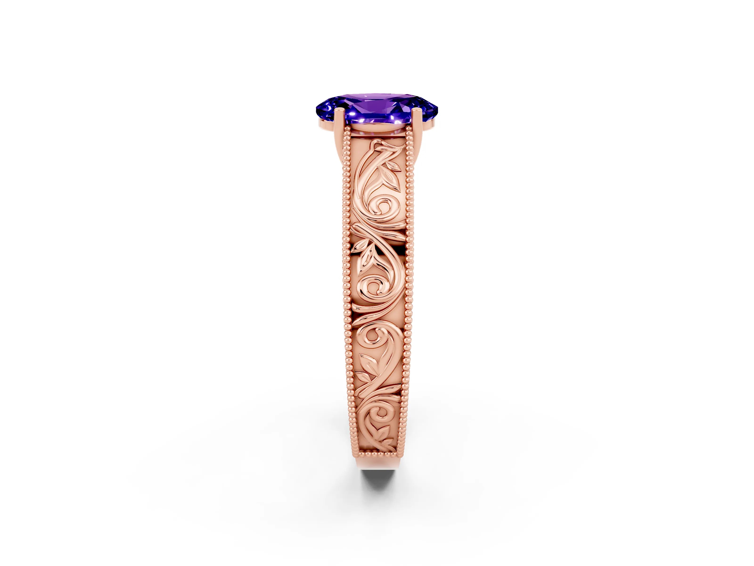 Rose gold Oval Cut Tanzanite Solitaire Ring with Engraved Band and Four-Prong Setting_2