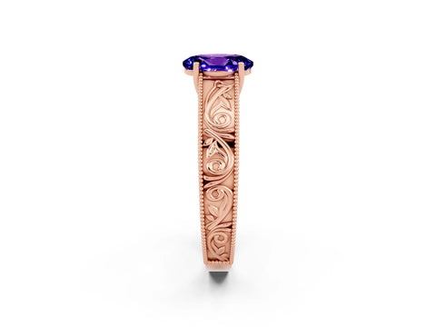 Rose gold Oval Cut Tanzanite Solitaire Ring with Engraved Band and Four-Prong Setting_2