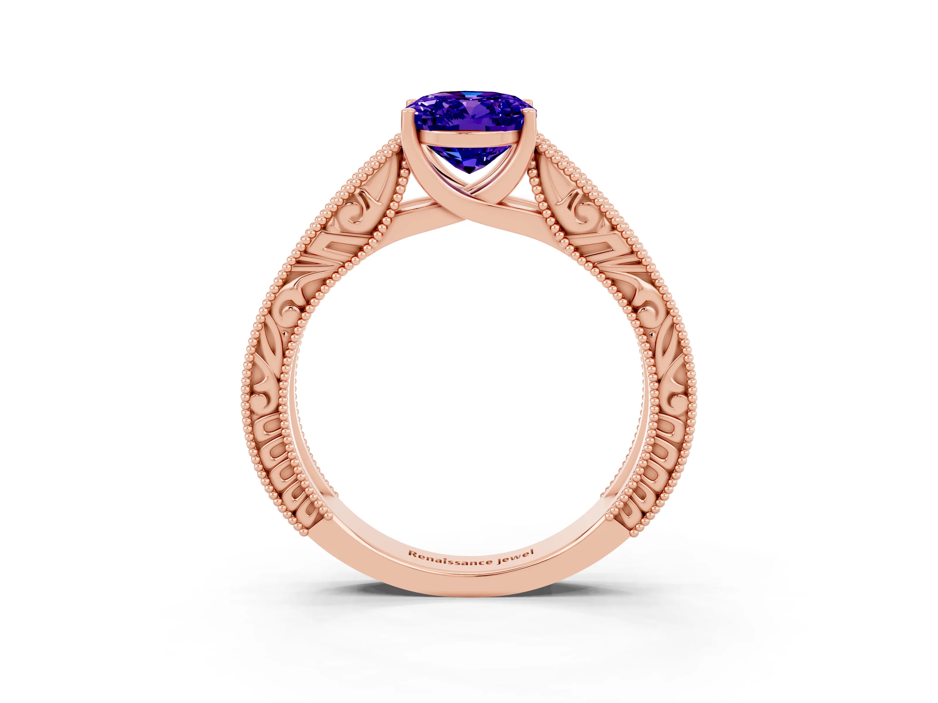 Rose gold Oval Cut Tanzanite Solitaire Ring with Engraved Band and Four-Prong Setting_3
