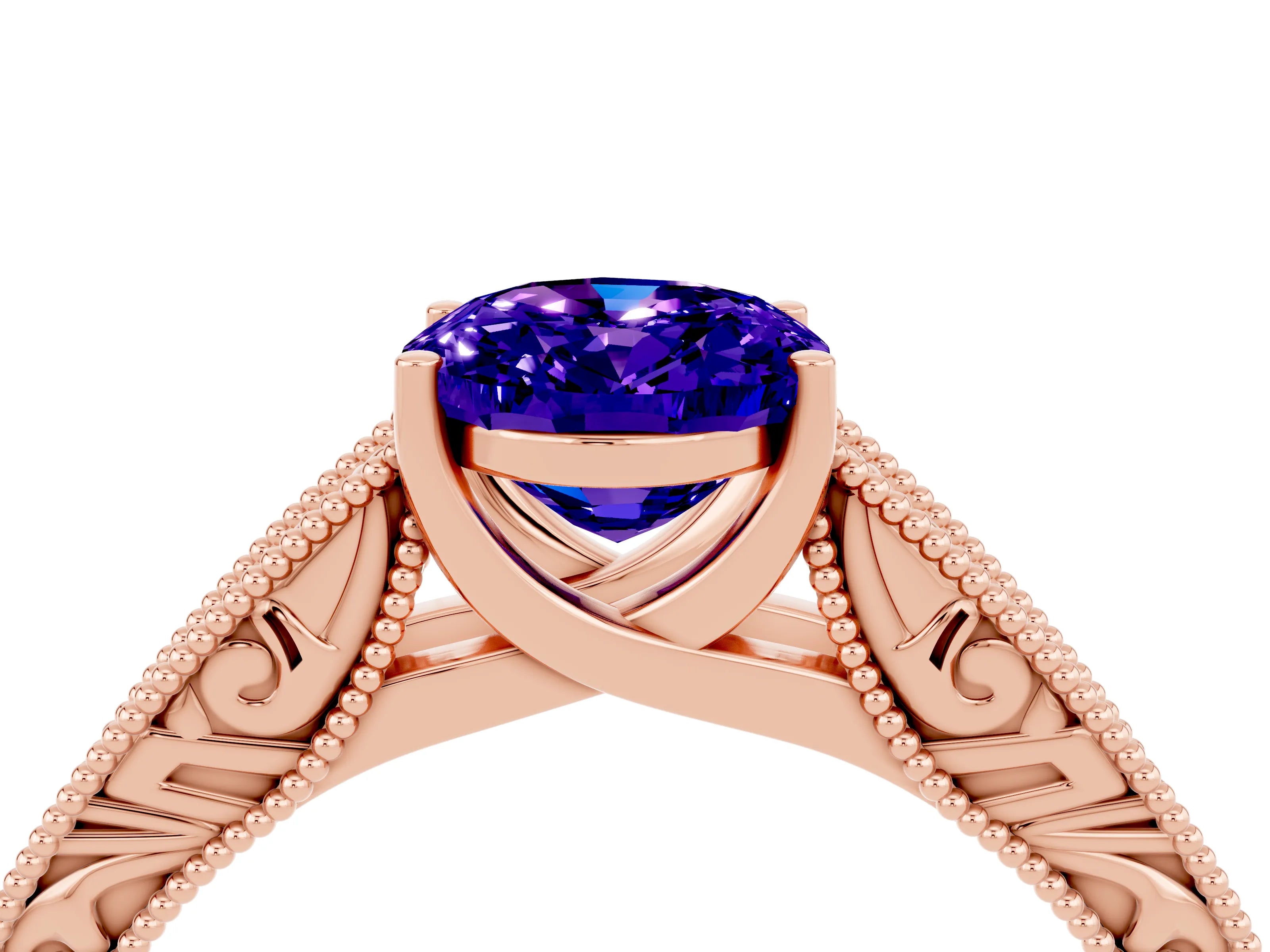 Rose gold Oval Cut Tanzanite Solitaire Ring with Engraved Band and Four-Prong Setting_4