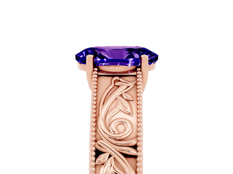 Rose gold Oval Cut Tanzanite Solitaire Ring with Engraved Band and Four-Prong Setting_5