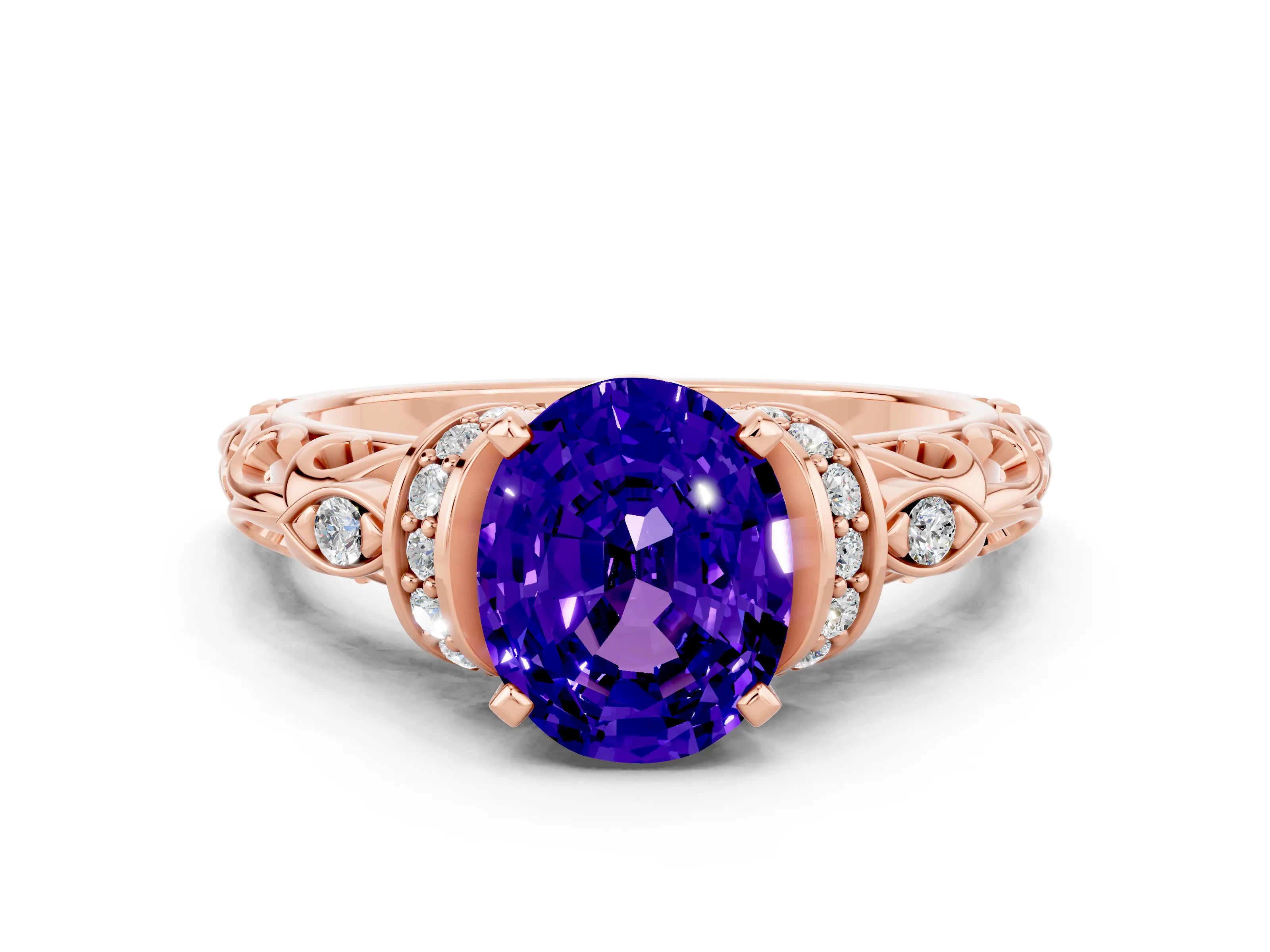 Rose gold Oval Cut Tanzanite Solitaire Ring with Filigree Band and Four-Prong Setting_24